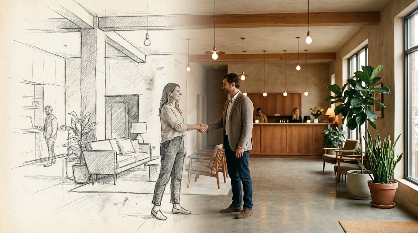 Hotel Imago — sketch concept blending into delivered photoreal lifestyle image