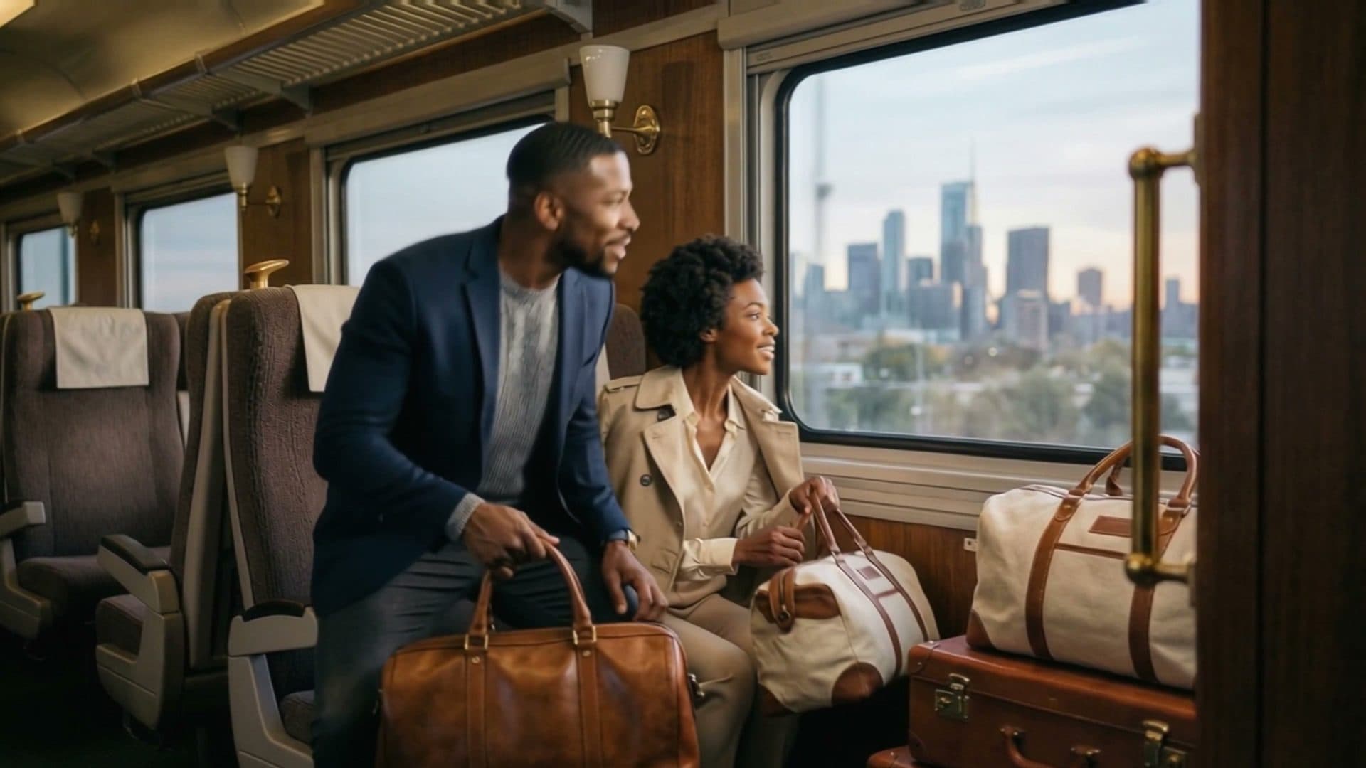 Couple on a train looking out at city skyline — destination / pre-arrival